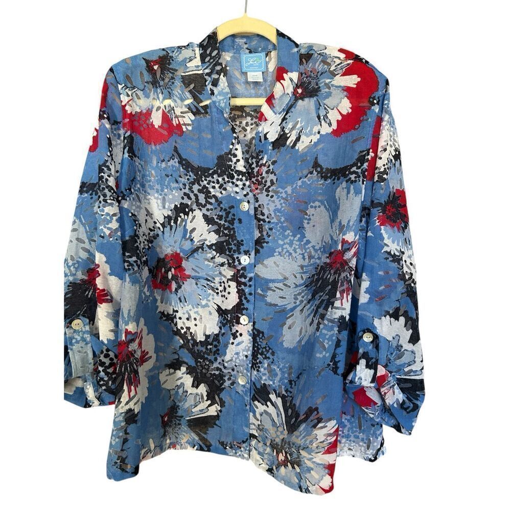 Lark Lane Woman Blouse 16W Blue Red Black White Floral Button Front Long Sleeve